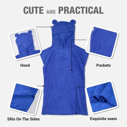 MissShorthair Towel Poncho for Kids, Hooded Beach Towel for Girl&Boy, Surf Poncho Swim Changing Robe Microfiber Bath Towel 7-10 Years Bear Blue