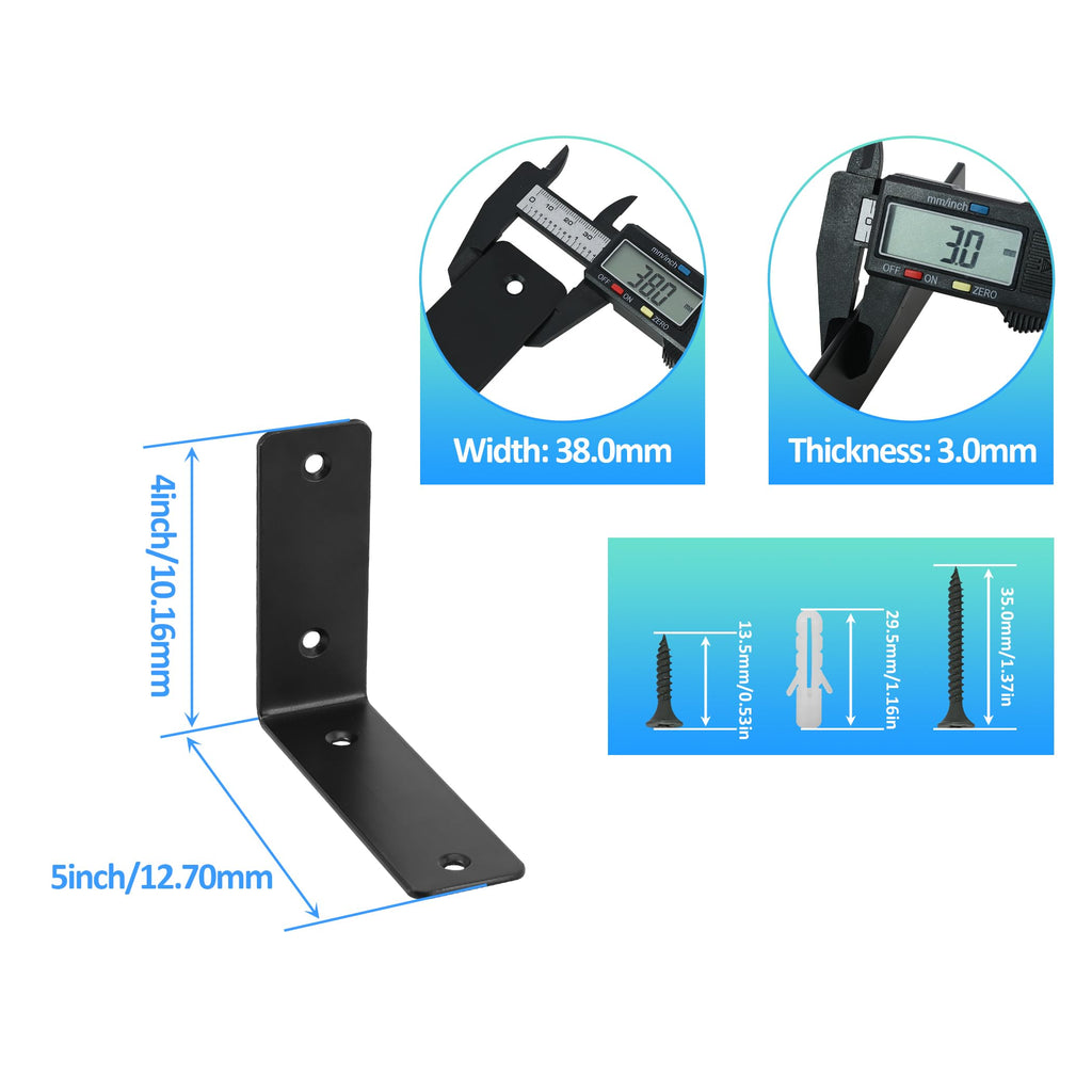 Redunest L Floating Shelf Brackets,4 Pack Heavy Duty L Brackets for Shelves, L 5" X H 4" Black Metal Countertop Support Brackets,Wall Mounting for Wood