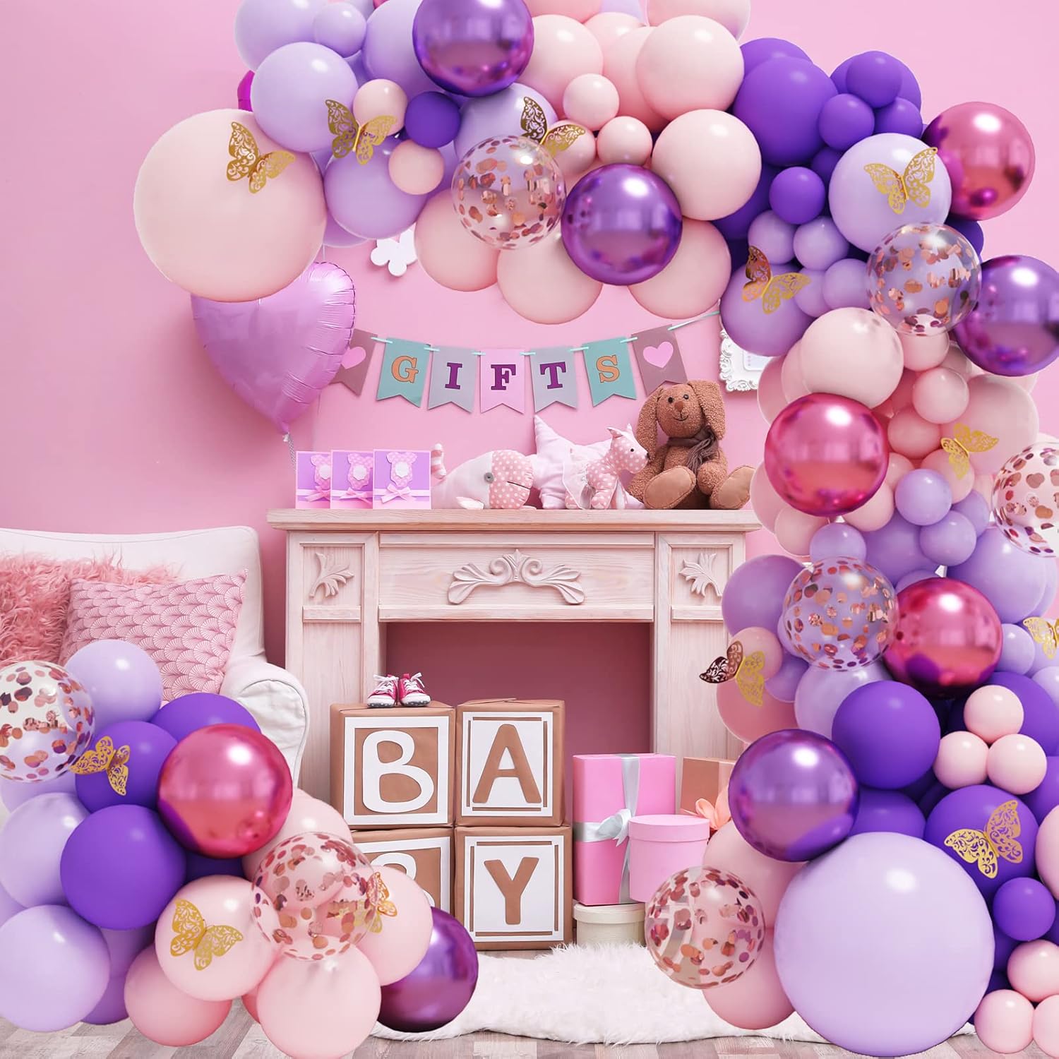 RUBFAC Balloon Garland Kit - 143pcs Pink & Purple with Butterfly Stickers | Perfect for Baby Showers & Parties