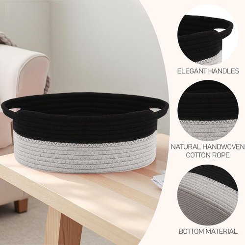 JMvicyroam Woven Basket - Small Rope Storage Bin with Handles for Organizing Shelves & Closets | Black & Grey