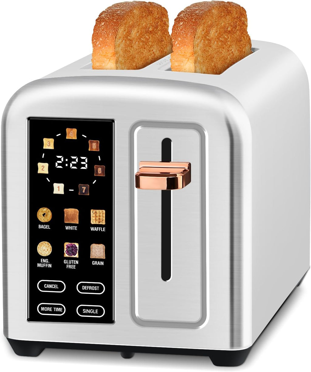 SEEDEEM 2-Slice Toaster - Touch Screen LCD Display, Fast Heating, Stainless Steel, 1.5" Wide Slots, Silver