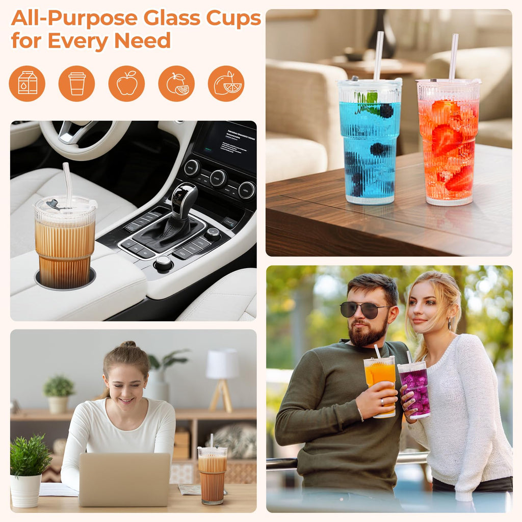 2 Pack 20 Oz Glass Cups with Lids and Straws Iced Coffee Cups Vintage Ribbed Glassware for Beer Ice Coffee Fruit Juice Elegant Aesthetic Cup Glass Iced Coffee Tumbler Include 1 Cleaning Brushes