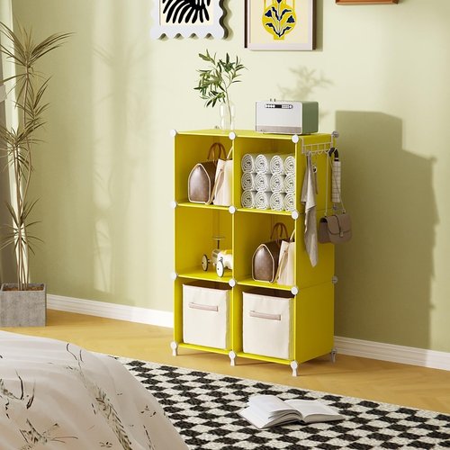 AWTATOS Cube Storage Organizer - 6-Cube DIY Stackable Bookshelf for Bedroom & Home - Yellow