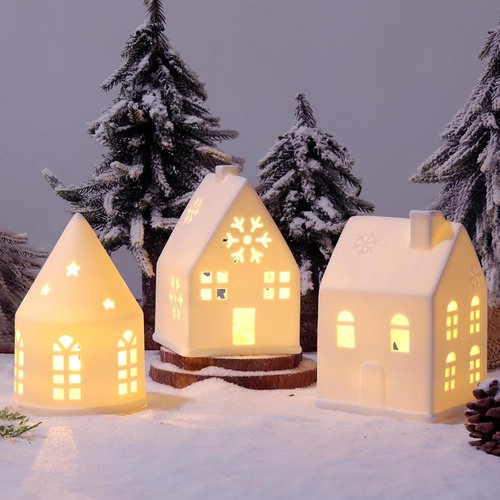 Christmas Village Sets - 3-Piece White Rustic Decor for Indoor Home Display | Farmhouse Tabletop Decorations