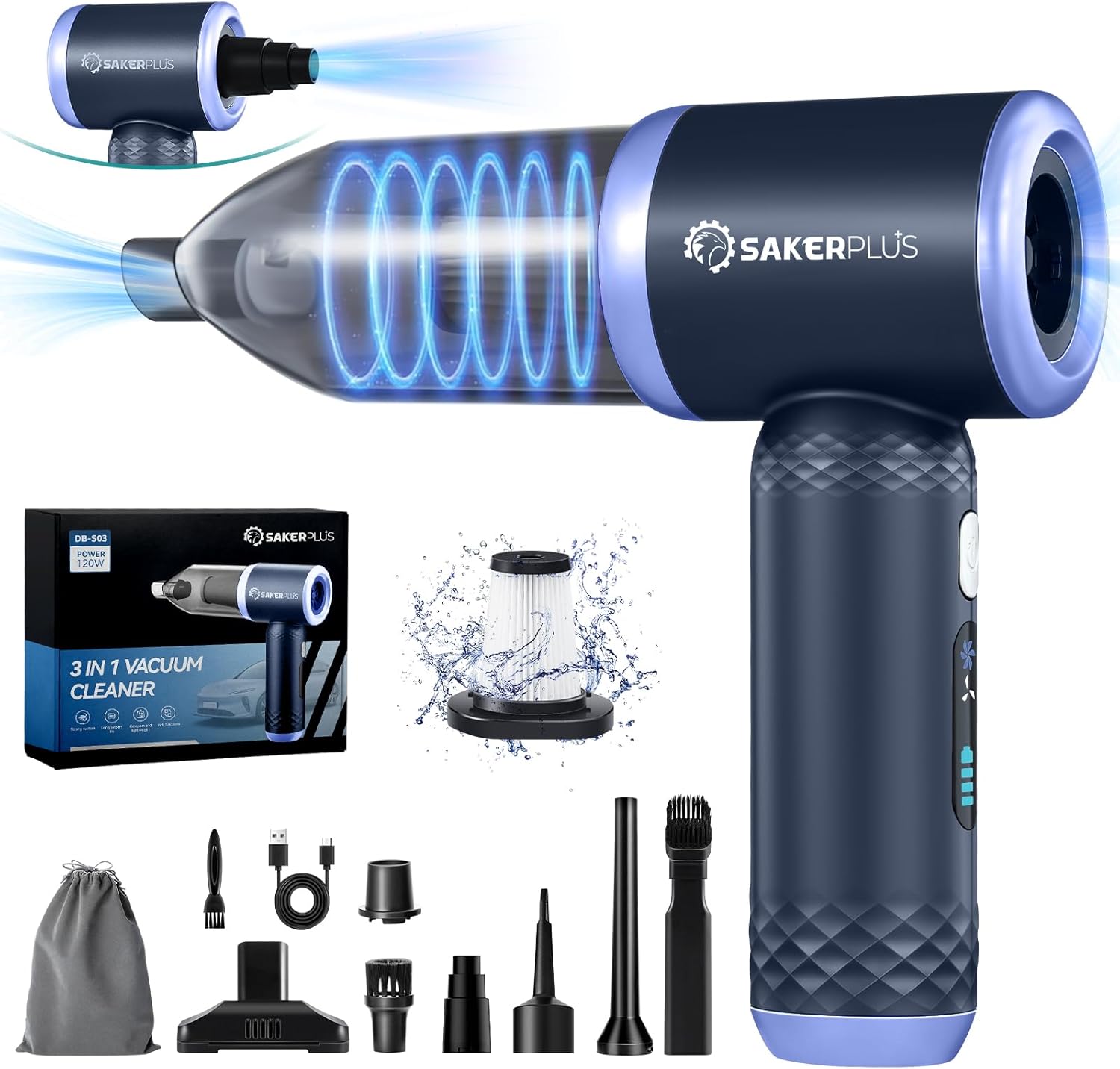 SakerPlus Car Vacuum Cleaner - 3-in-1 Cordless Handheld with 13000Pa Power | Adjustable & Portable for Cars