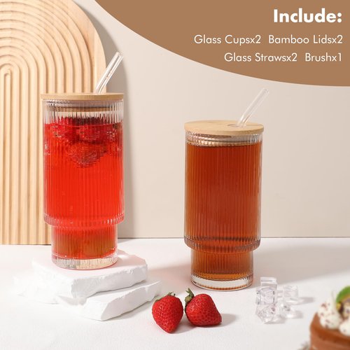 AiMQnLe Glass Cups with Bamboo Lids and Straws - 16 oz Iced Coffee Cups, Vintage Ribbed Drinking Glasses, Tumbler for Juice, Beer, Coffee, Milk, Cocktail, Water (2 Pack)