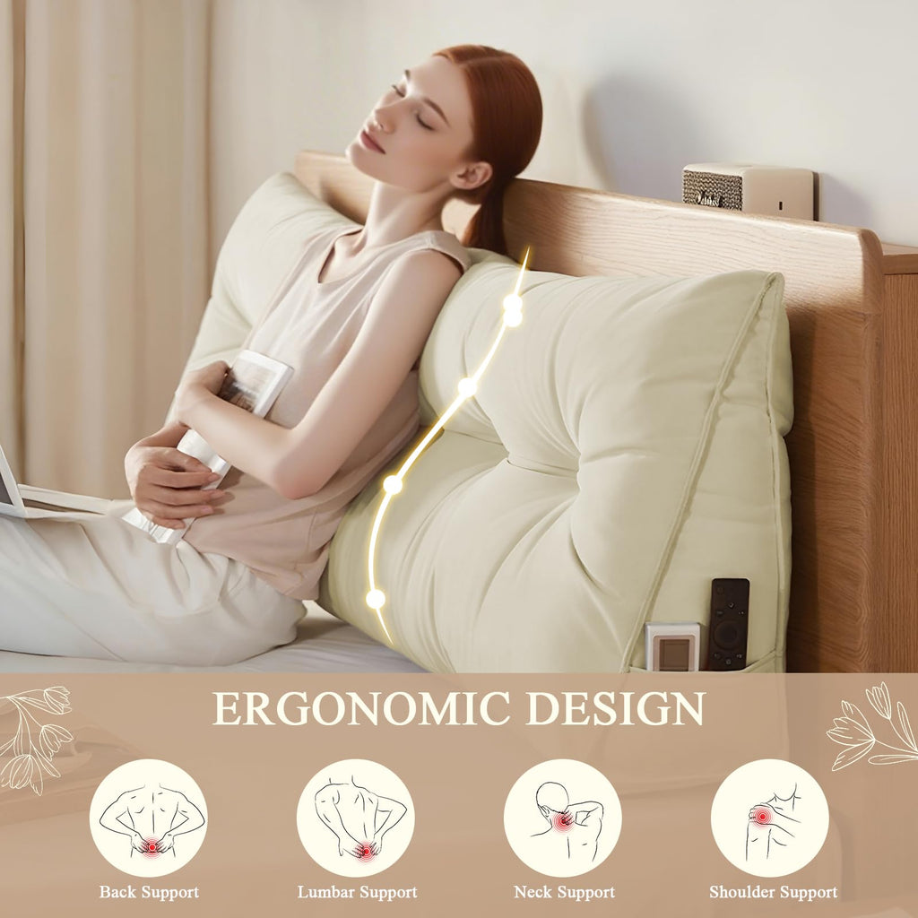 DANGHOOGY Headboard Pillow King, Large Triangular Wedge Headboard Pillow for Reading and Resting, Backrest Positioning Support Pillow with Removable Cover (Beige)