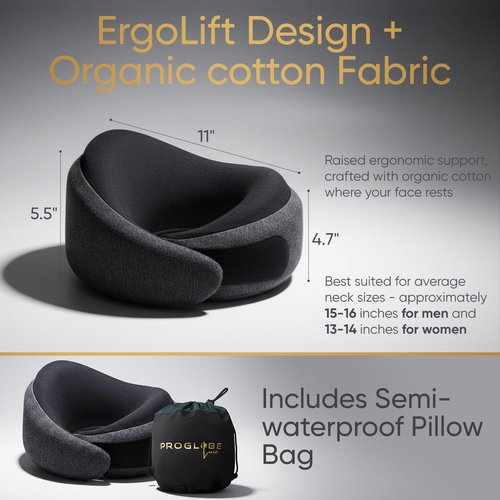 Proglobe Luxe Memory Foam Travel Neck Pillow for Airplanes, Ergonomic 360° Support with Soft Chin Support, Organic Cotton Cover, Compact Compression Bag, Ash Black