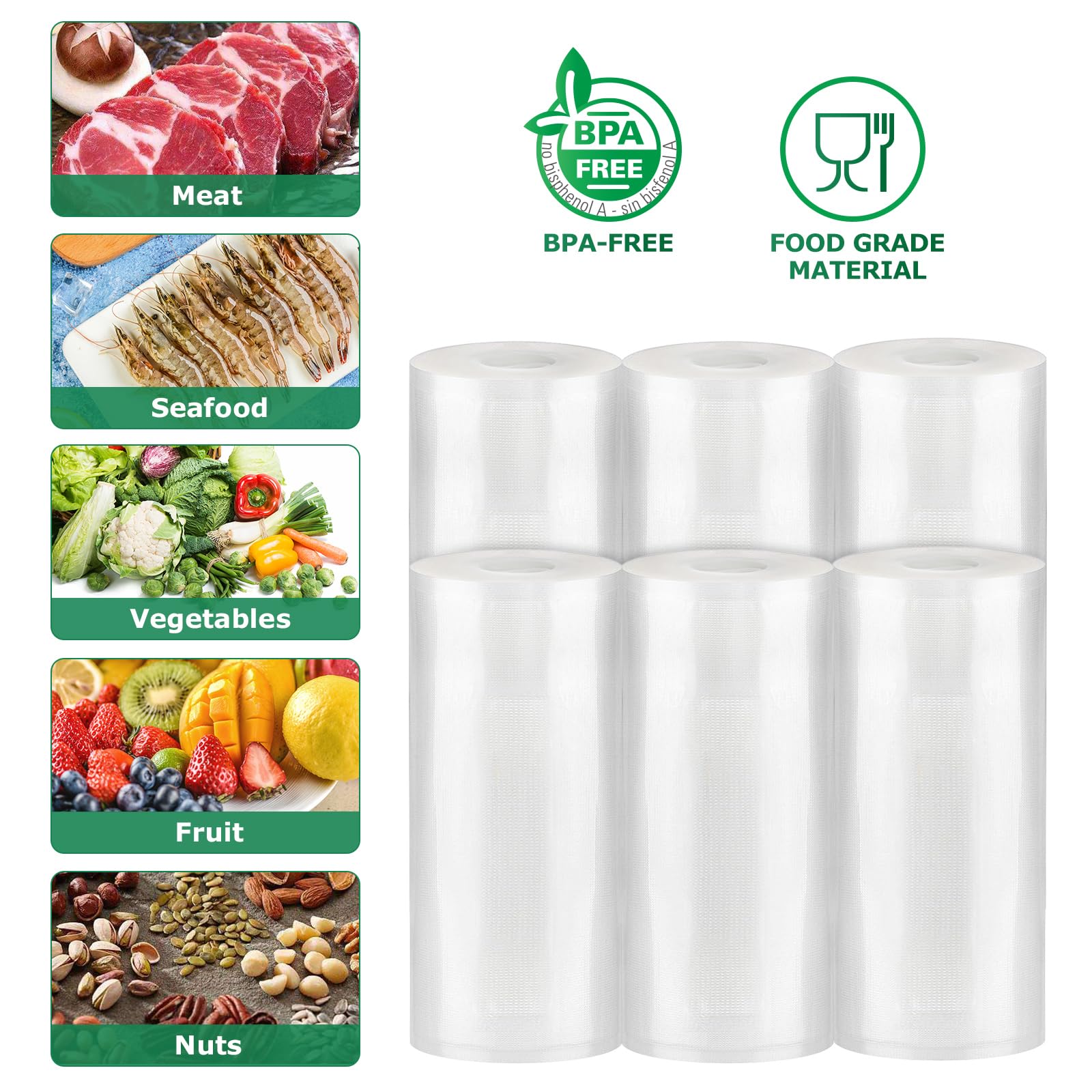 FRESKO Vacuum Sealer Bags Food Rolls 6 Packs - 8" x 20' & 11" x 20', Commercial Grade Seal a Meal Bags for Storage Food and Sous Vide, BPA Free, Customized Size for Vacuum Sealer
