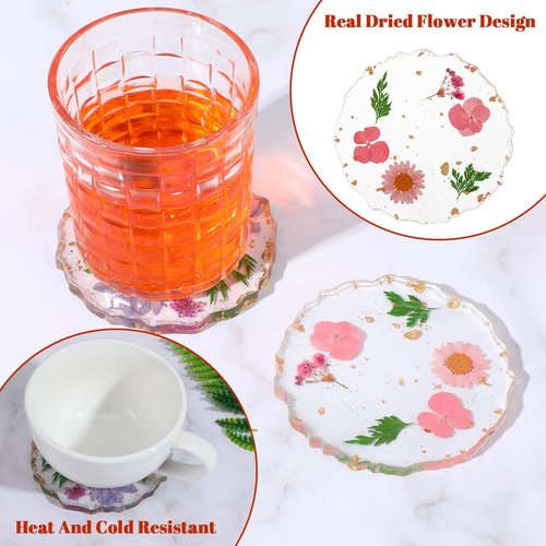 Dried Flower Coasters Set of 2, Non-Slip Decorative Floral Resin Coasters, Reusable Exquisite Flower Coaster for Coffee Table Desk Kitchen Bar Mugs(2 Style)