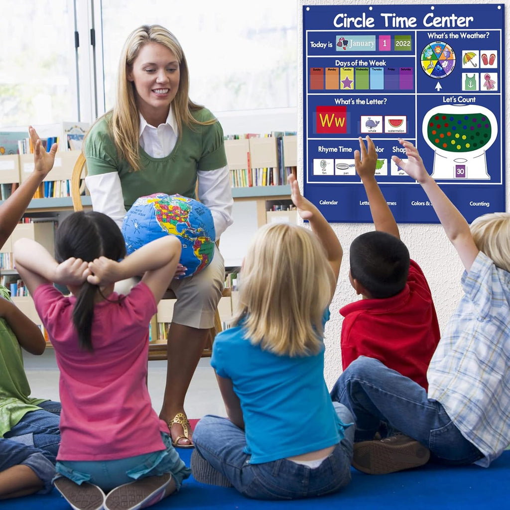 Auchq Circle Time Learning Center - Heavy-Duty Kids Calendar Pocket Chart | Educational Weather & Rhyme Chart (Blue)