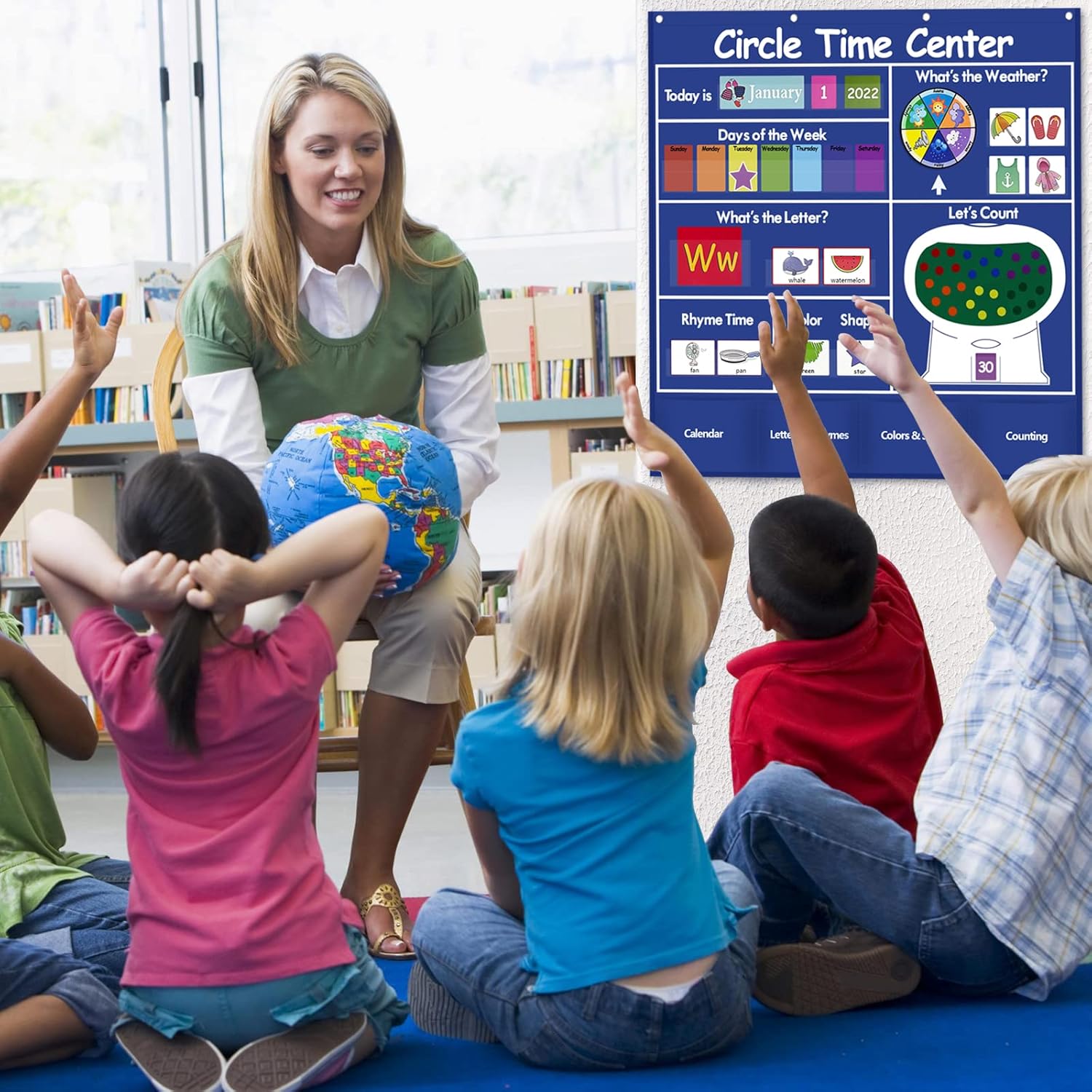 Auchq Circle Time Learning Center - Heavy-Duty Kids Calendar Pocket Chart | Educational Weather & Rhyme Chart (Blue)