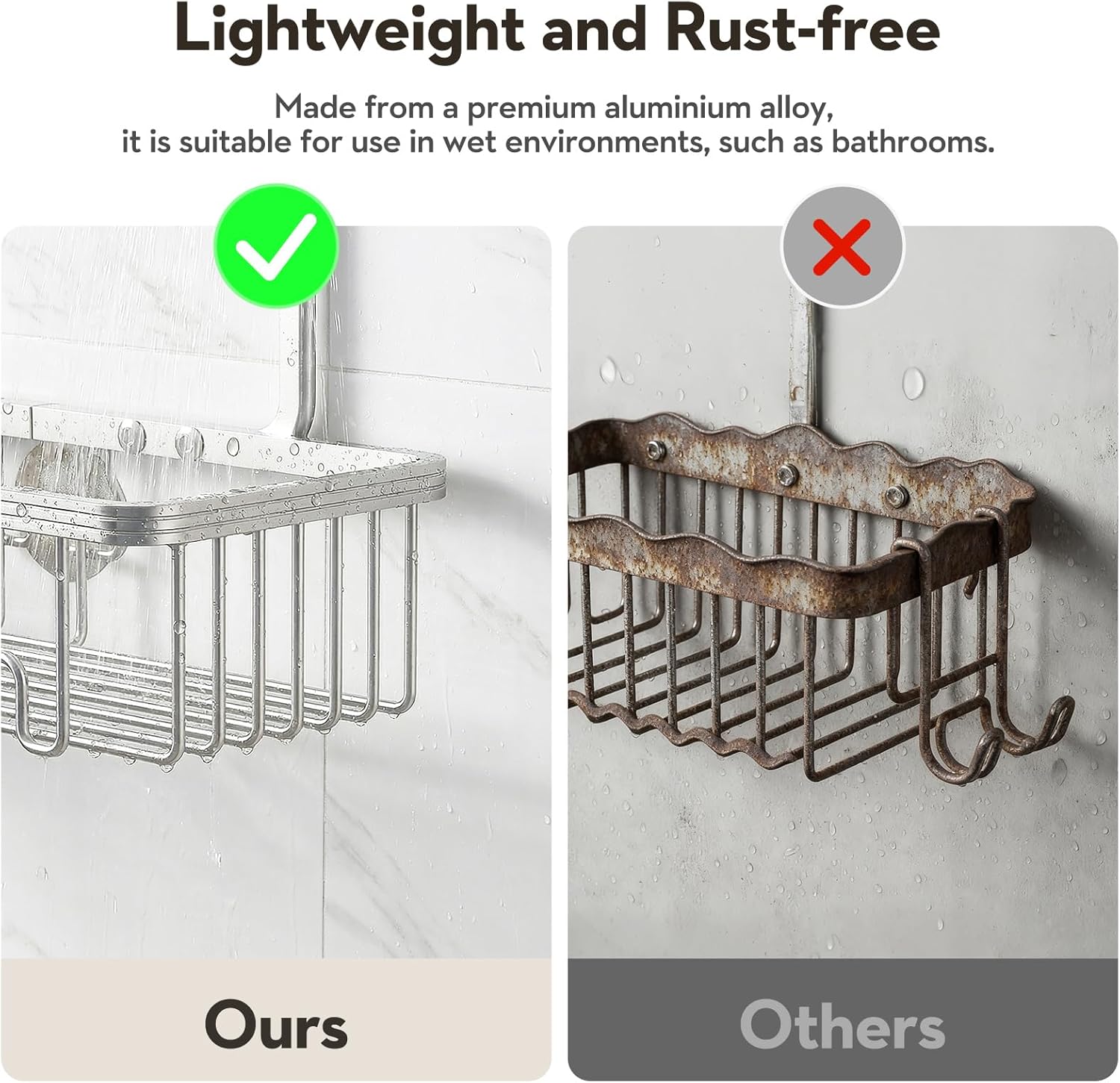 Skiennix Shower Caddy - Rust-Free Aluminum Organizer with Hooks & Soap Holder - Bright Silver