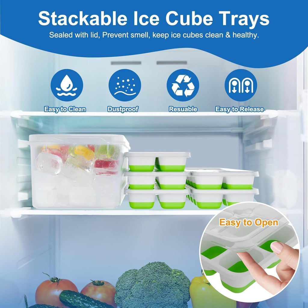Skiennix Ice Cube Trays - 4 Pack Stackable Silicone Molds with Lids | BPA-Free & Dishwasher Safe