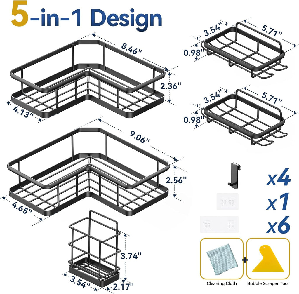 YASONIC Corner Shower Caddy - 5-Pack Adhesive Rustproof Stainless Steel Organizer | No-Drill Shelf, Black