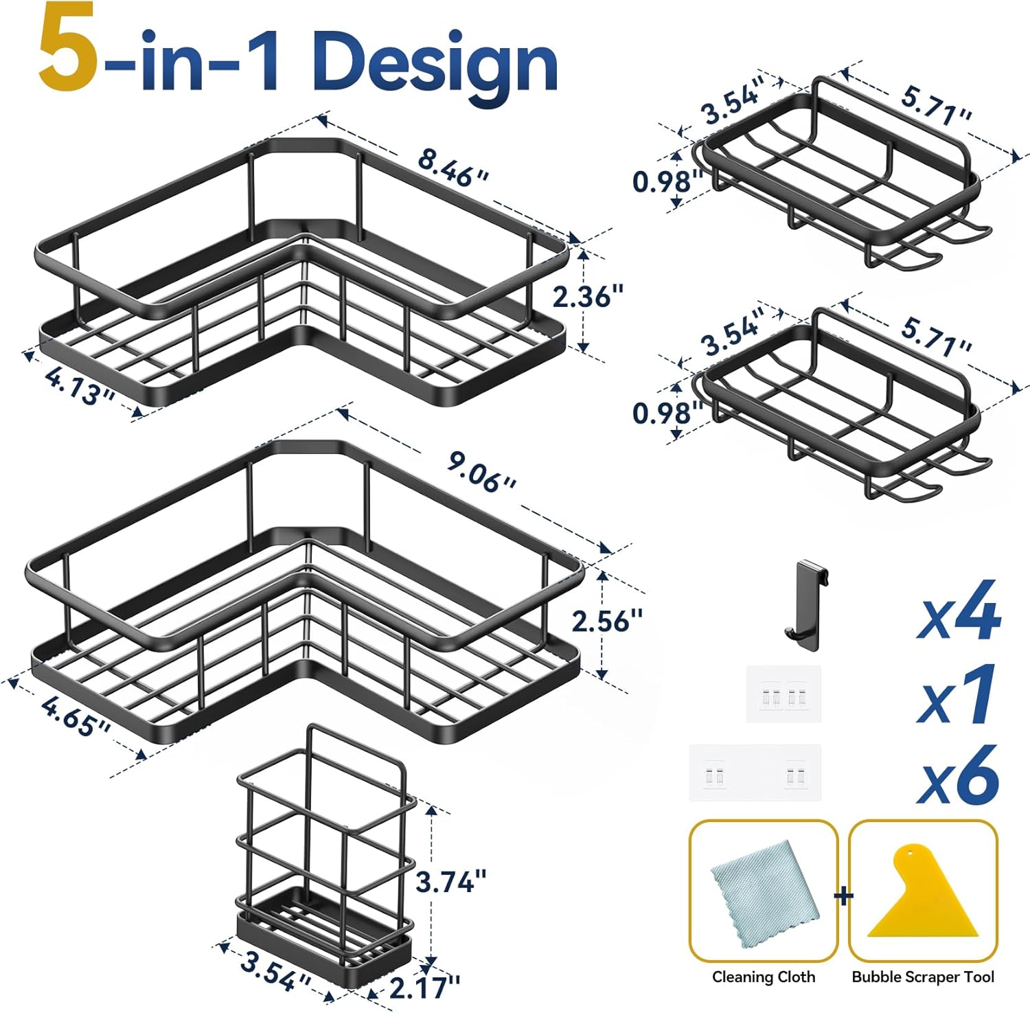 YASONIC Corner Shower Caddy - 5-Pack Adhesive Rustproof Stainless Steel Organizer | No-Drill Shelf, Black