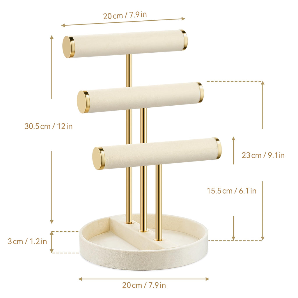 bussdis Bracelet Holder Jewelry Organizer Display - 3 Tier T Bar Velvet Stand, Beige Necklace Holder Organizer, Bracelet Holder, Earring Holder and Ring Display for Jewelry Organizers and Storage