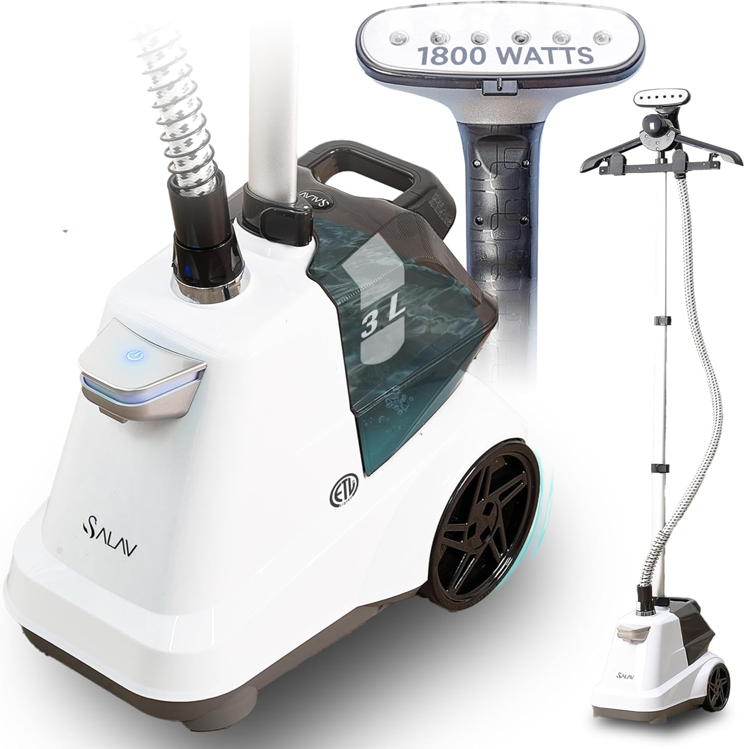 SALAV Heavy Duty Garment Steamer - 1800W Full-Size with 3L Water Tank & 90+ Min Continuous Steam | White