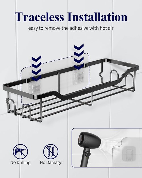 Kitsure Shower Caddy | Large Adhesive Organizer - Stainless Steel Shelf for No-Drill Bathroom Storage, 2 Pack, Black