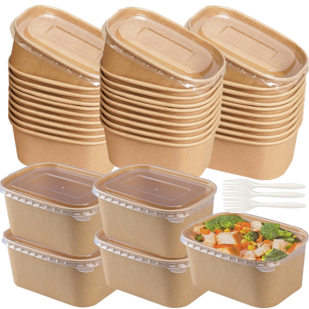 LyyGuanYoo 50 Pack Disposable Kraft Paper Bowls with Lids, 33 OZ Meal Prep Container, Microwave Freezer Safe Salad Bowls with Forks for Hot/Cold Food, Soup, Ice Cream, Takeout, Party Supplies