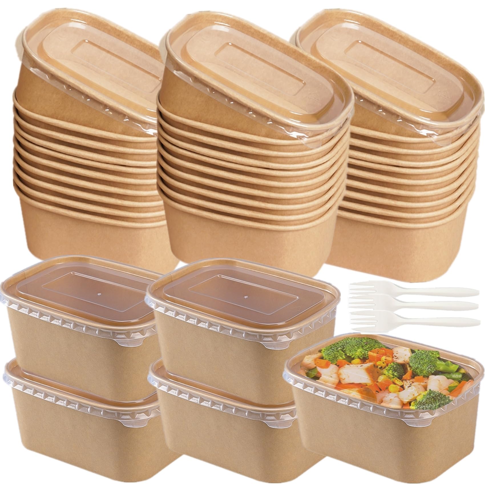 LyyGuanYoo 50 Pack Disposable Kraft Paper Bowls with Lids, 33 OZ Meal Prep Container, Microwave Freezer Safe Salad Bowls with Forks for Hot/Cold Food, Soup, Ice Cream, Takeout, Party Supplies