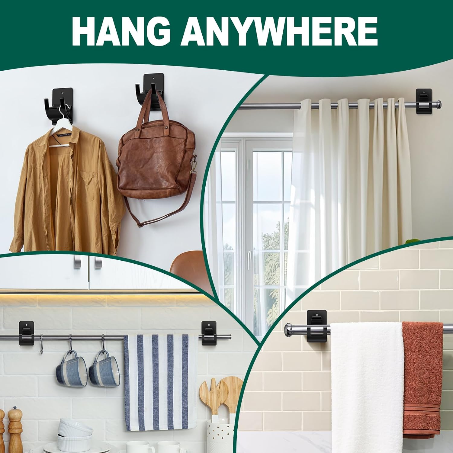 Skiennix No Drill Curtain Rod Brackets - 4 PCS Self Adhesive Hooks, 20lb Capacity | Rental Friendly for Home & Apartment