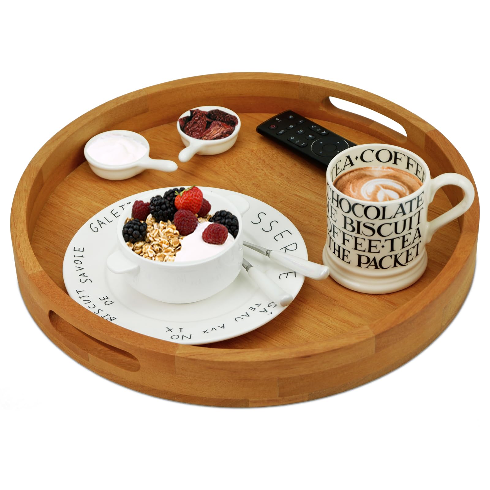 MAGIGO 16 Inches Extra Large Round Teak Wood Ottoman Tray with Handles, Serve Tea, Coffee Classic Wooden Decorative Serving Tray