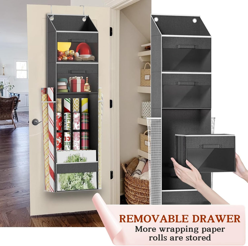 Skiennix Over Door Wrapping Paper Organizer - 3 Removable Drawers & Side Pockets | Christmas Gift Wrap Storage