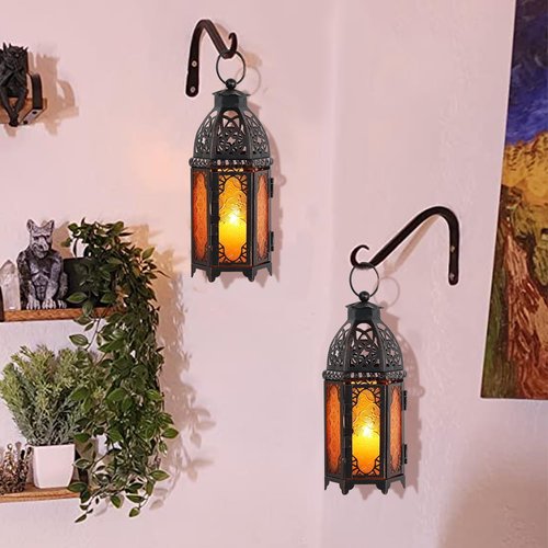 **DECORKEY Moroccan Lanterns Set of 2 - Vintage Metal Candle Holders for Indoor & Outdoor Decor (11’’ Amber)**