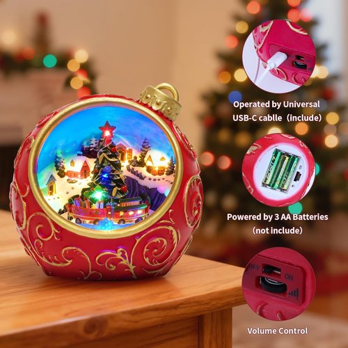6.3" Animated Musical Christmas Village Figurines - Rotating Train, Lights & Auto Timer | USB-C/Battery Powered Holiday Decor