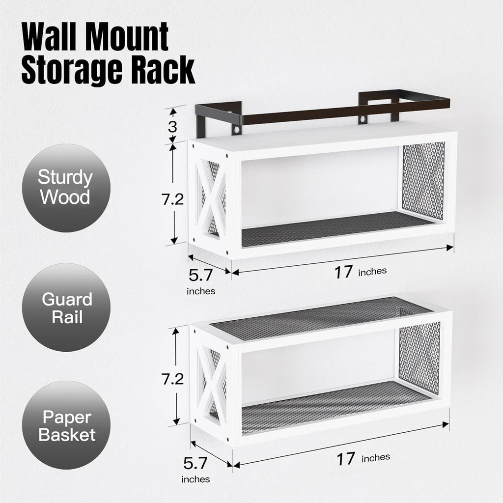 RICHER HOUSE Floating Shelves - Rustic Wood Wall Décor with Guardrail for Bathroom & Kitchen - White