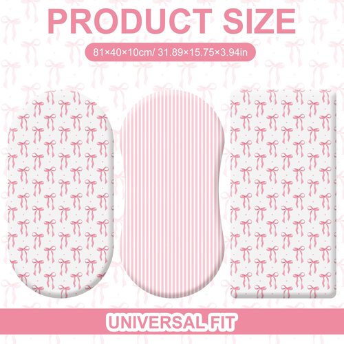 Oudain 2 Pack Pink Baby Bassinet Sheets Girls Bow Coquette 32'' x 16" Stretchable Soft Crib Sheets Cradle Bed Set Fitted Cover for Oval Rectangle Hourglass Mattress Infant Nursery Toddler Room Decor