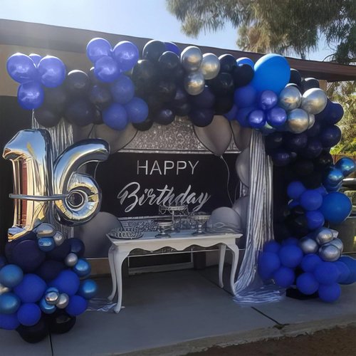 Blue & Black Balloons - Metallic Navy Blue & Silver Latex Balloons for Birthday & Baby Showers