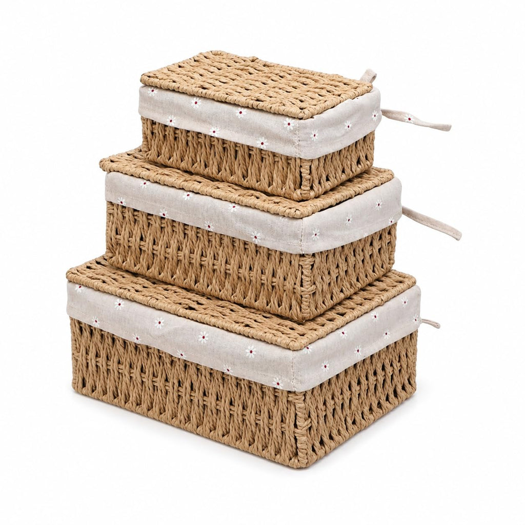 Storage Baskets with Lids, Set of 3 Wicker Baskets with Lids, Khaki Paper Rope Woven Storage Boxes with Removable Liners, Stackable Shelf Bins for Bathroom, Closet, Nursery