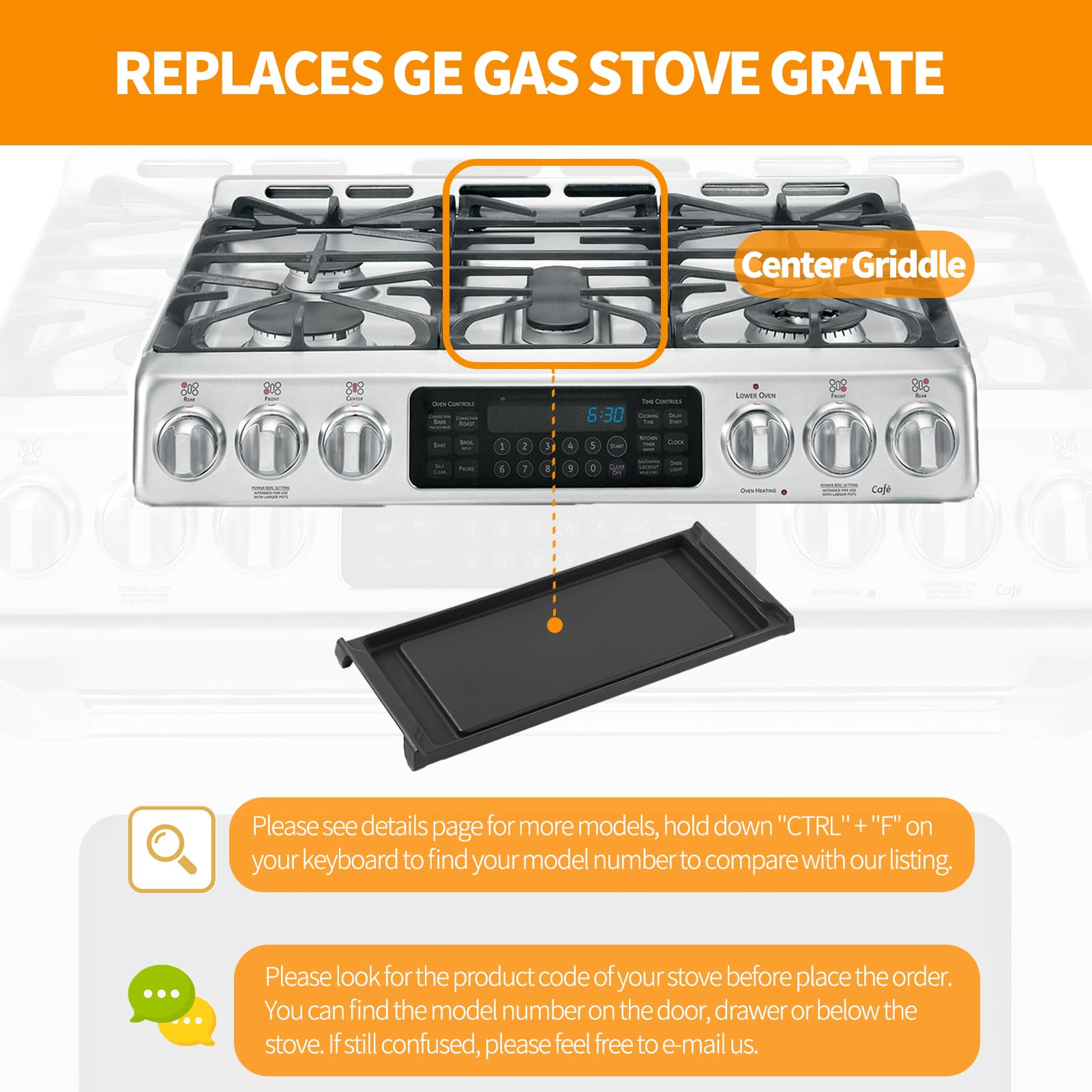 Upgraded WB31K10220 Griddle Replacement for GE Stove Parts 20" X 8.5" Cast Iron Center Griddle Plate C2S985SET9SS GE General Appliances Gas Range Parts Cafe Stove Top Cooktop Burner Flat Top Pan