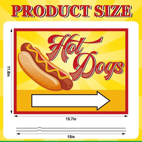 Blulu Hot Dog Yard Sign - 12 x 16'' Double-Sided Yellow Sign with Steel Stakes for Outdoor Events