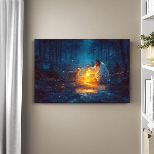 Christian Wall Art | Jesus and Lamb Canvas Decor - Serenity Prayer for Home & Baptism Gifts (24" x 16")
