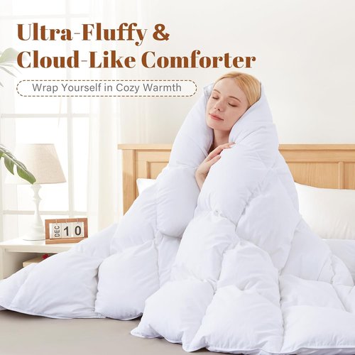 Feather and Down Comforter - Luxurious All-Season Queen Duvet Insert | 100% Cotton, Soft White, 90 x 90 Inches