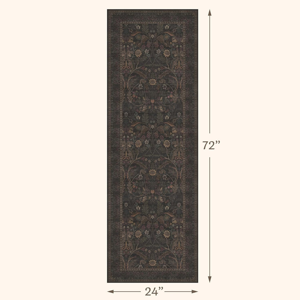 Skiennix Washable 2x6 Kitchen Runner Rug - Non-Slip Dark Brown Floral Design for Farmhouse & Cabin
