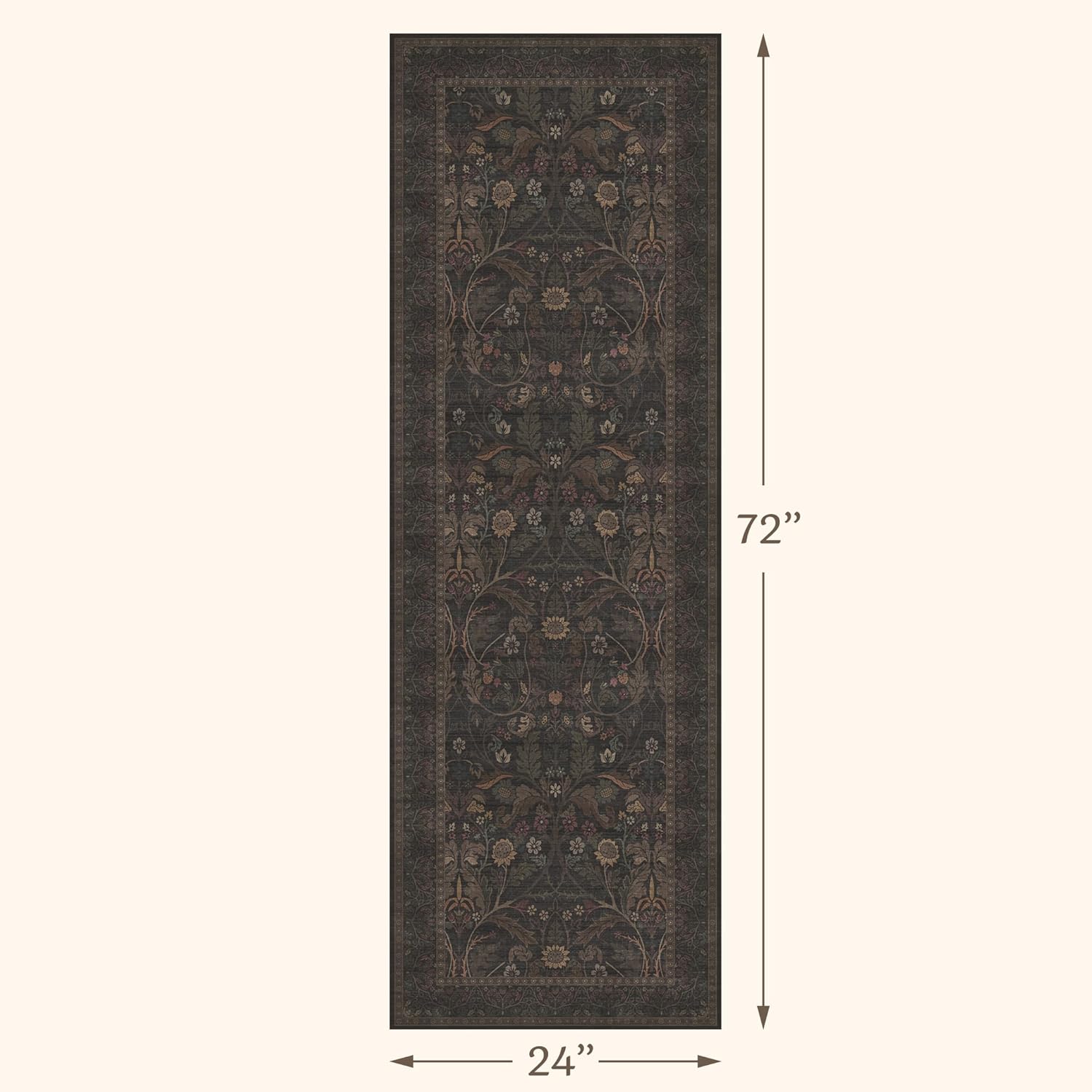 Skiennix Washable 2x6 Kitchen Runner Rug - Non-Slip Dark Brown Floral Design for Farmhouse & Cabin