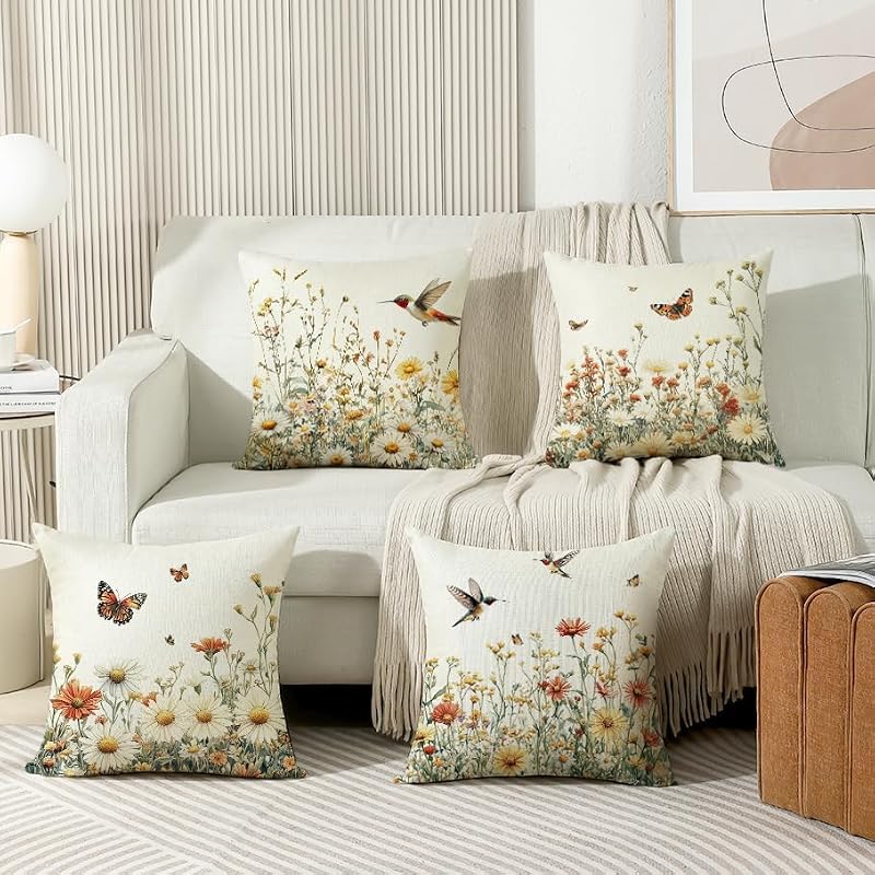 Wyooxoo Spring 18x18 Inch Set of 4 Farmhouse Floral Bird Pillow Covers for Sofa, Outdoor & Bedroom Decor