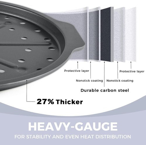 HONGBAKE 12-Inch Nonstick Pizza Pan Set - Air Crisping Design with Wide Handles | Perfect for Frozen & Homemade Pizza