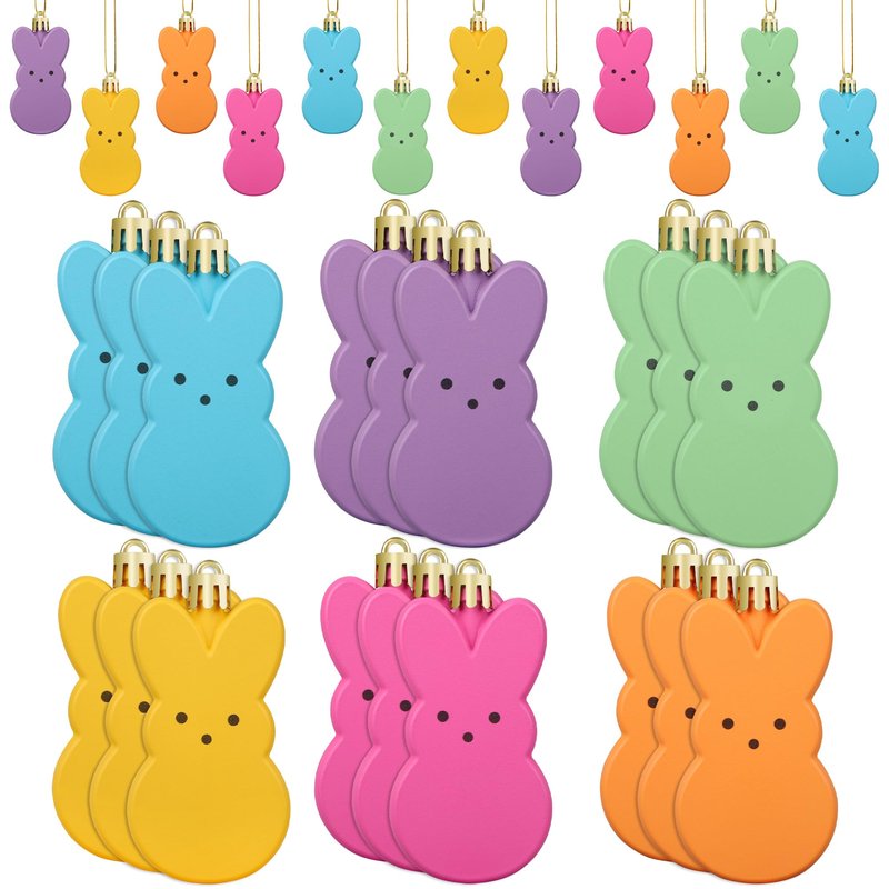 24 PCS Bunny Hanging Ornaments Colorful Peeps Bunny for Tree Decorations Easter Rabbit Plastic Hanging Ornaments Easter Tree Hanging Decoration for Home Holiday Party Decor