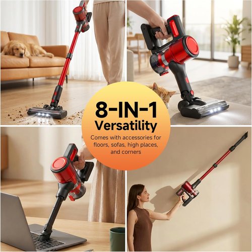 BSNAW Cordless Vacuum Cleaner - Lightweight 8-in-1 Stick & Handheld Design | 45 Min Runtime, Red & Black