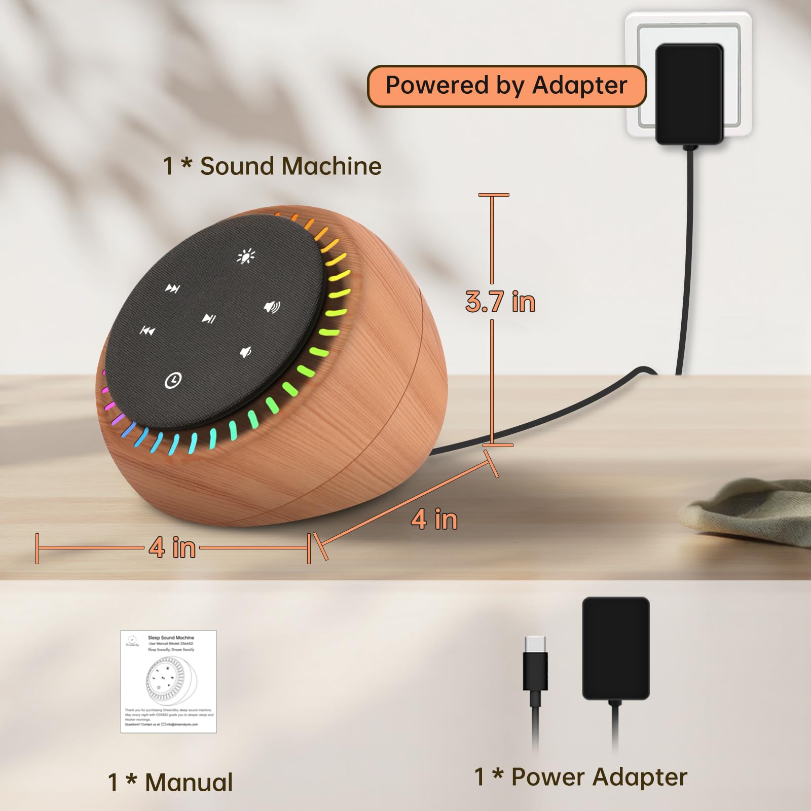 DreamSky Sound Machine for Sleep, White Noise for Sleeping Adults & Baby, Brown Noise Fan for Office Privacy & Noise Canceling, 26 Sounds & RGB Light, USB-C Powered for Home Travel, Wood Grain
