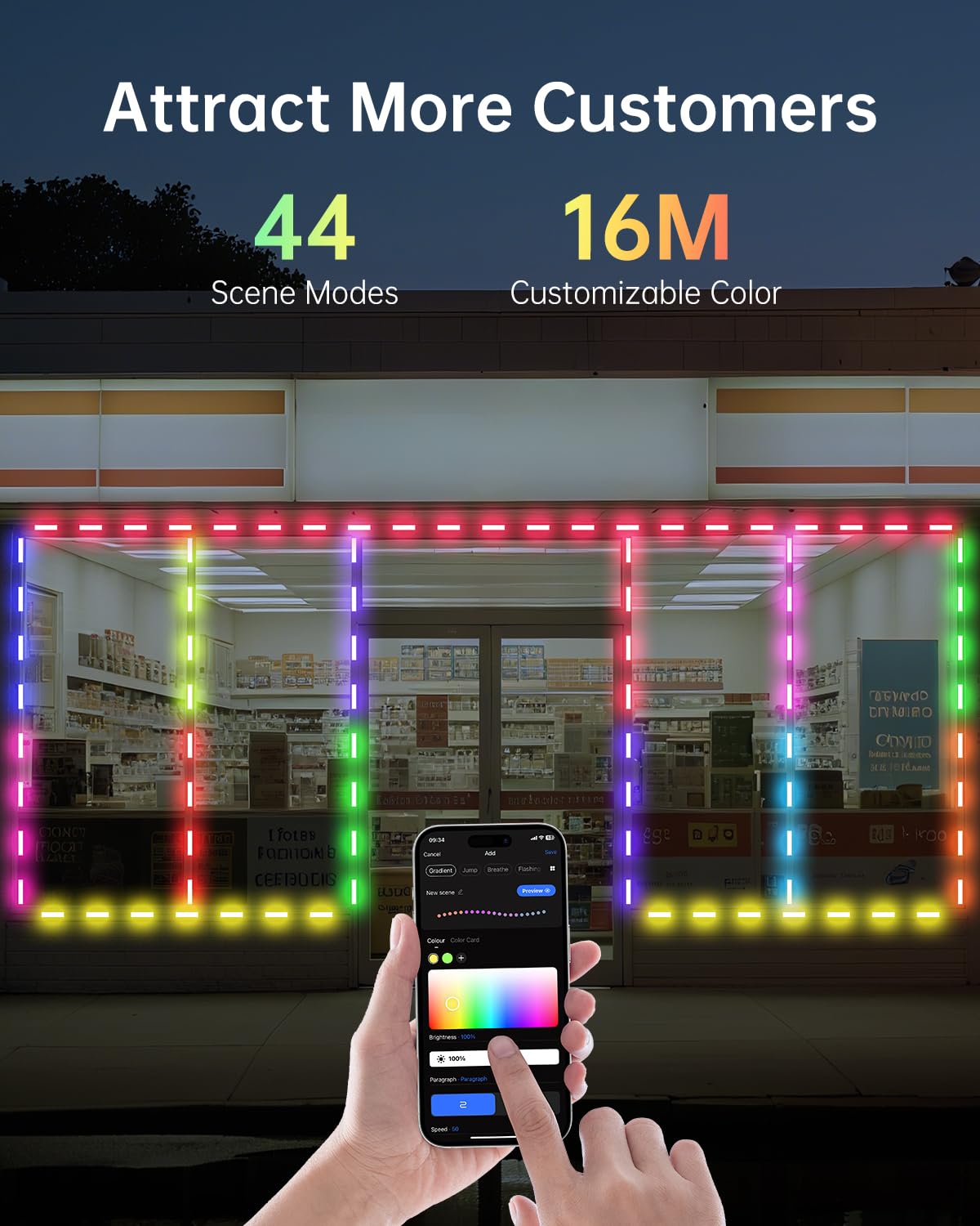 20FT LED Storefront Lights for Business – DIY 16M Color Waterproof Window Light with Remote & App Control, 44 Modes Changing and Timer LED Strip Lights for Restaurants, Bars, Cafes, Stores, Windows