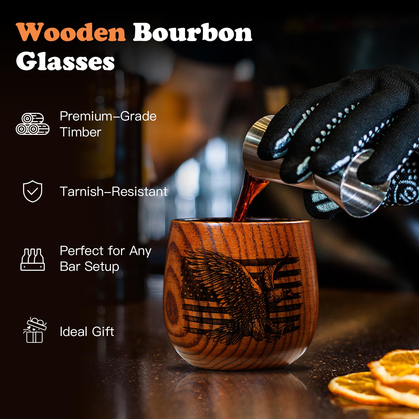 Original Charred Wooden Bourbon Drinking Glass, 11oz Handcrafted Engraved Wood Glass for Men | Unique Unbreakable Whiskey Glass for Dad, Brother, Husband