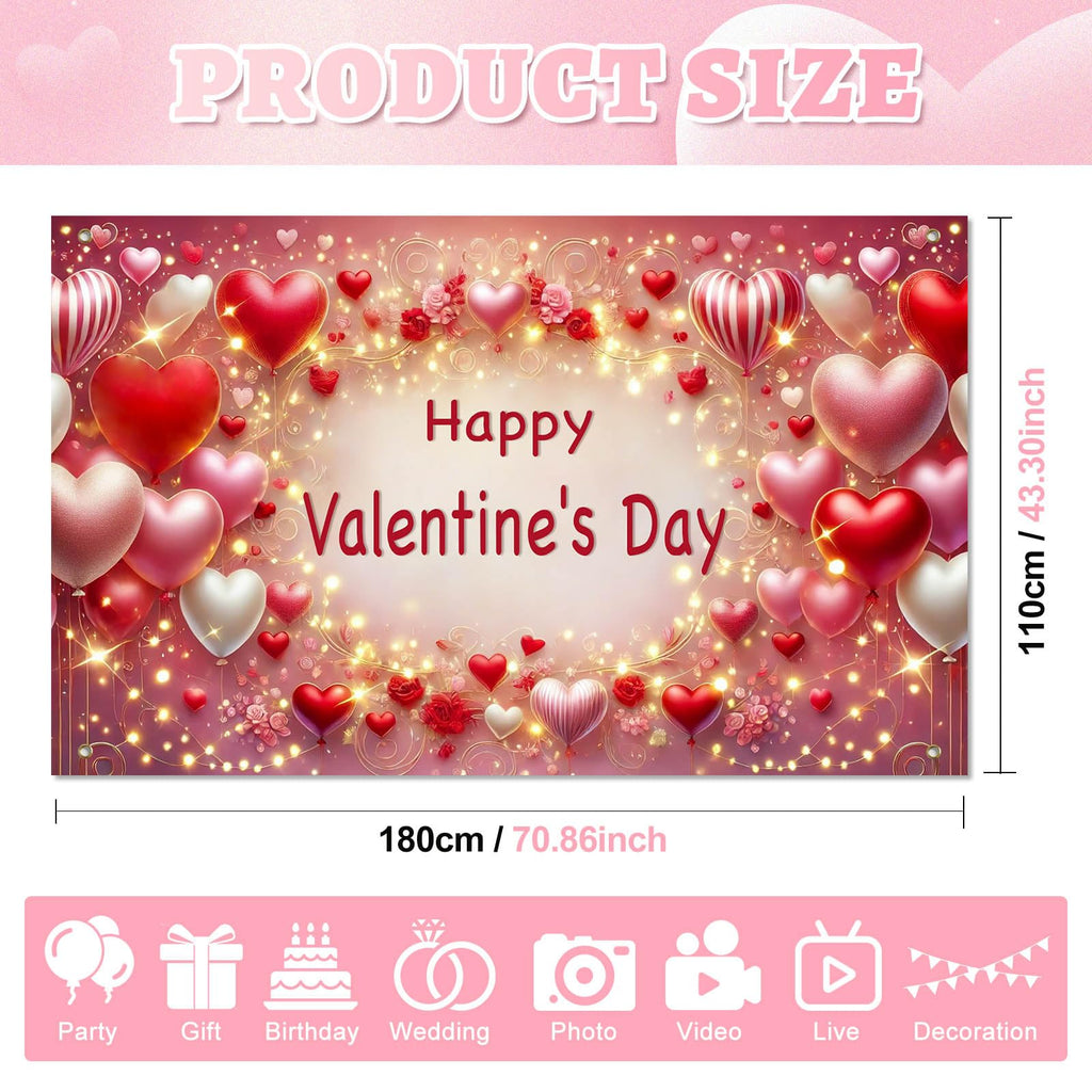 BlissYard Valentine’s Day Banner 71x43 Inches Happy Valentine Backdrop Love Heart Balloon Background Romantic Party Decoration for Valentine Celebration Anniversary Proposal Photo Booth Decor