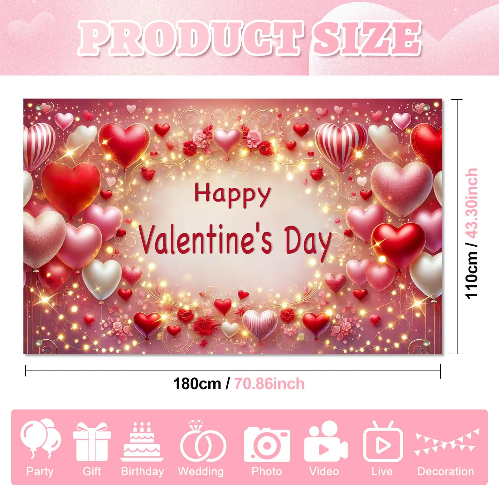 BlissYard Valentine’s Day Banner 71x43 Inches Happy Valentine Backdrop Love Heart Balloon Background Romantic Party Decoration for Valentine Celebration Anniversary Proposal Photo Booth Decor