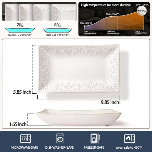 Artena Ceramic Rectangle Plates Set of 4 - Deep Lipped Edges for Appetizers & Desserts | Microwave & Oven Safe (Damask Floral)